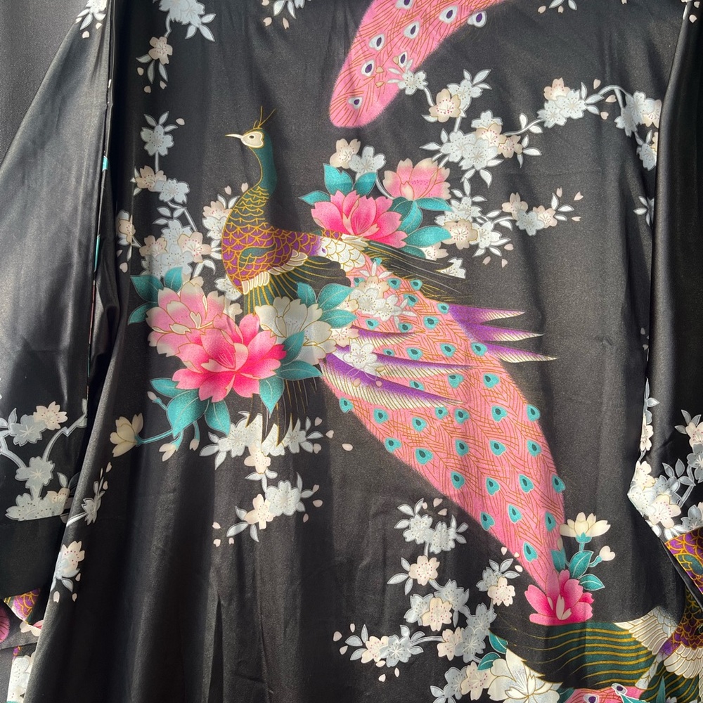 Babeyond Black Satin Kimono Robe Peacock Floral Design. 54” long - Picture 6 of 10